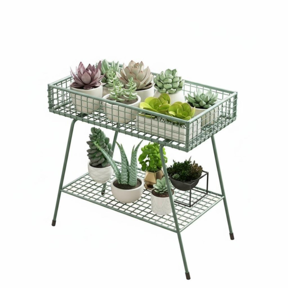 2-Tier Planter Holder Freestanding 2-Tier Metal Stand Non-Slip Pads for Balcony