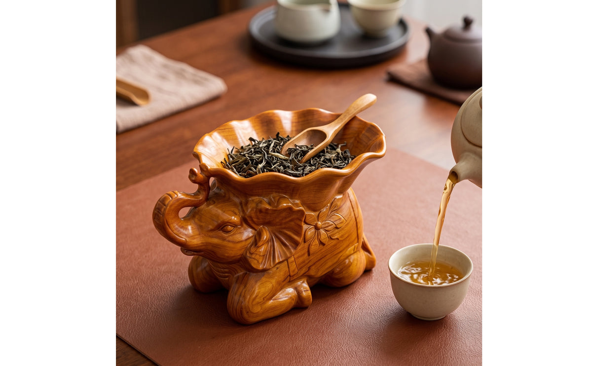 Solid Wood Elephant Statue with Tray | Carved, Elephant Figurine with Tray, for Tabletop