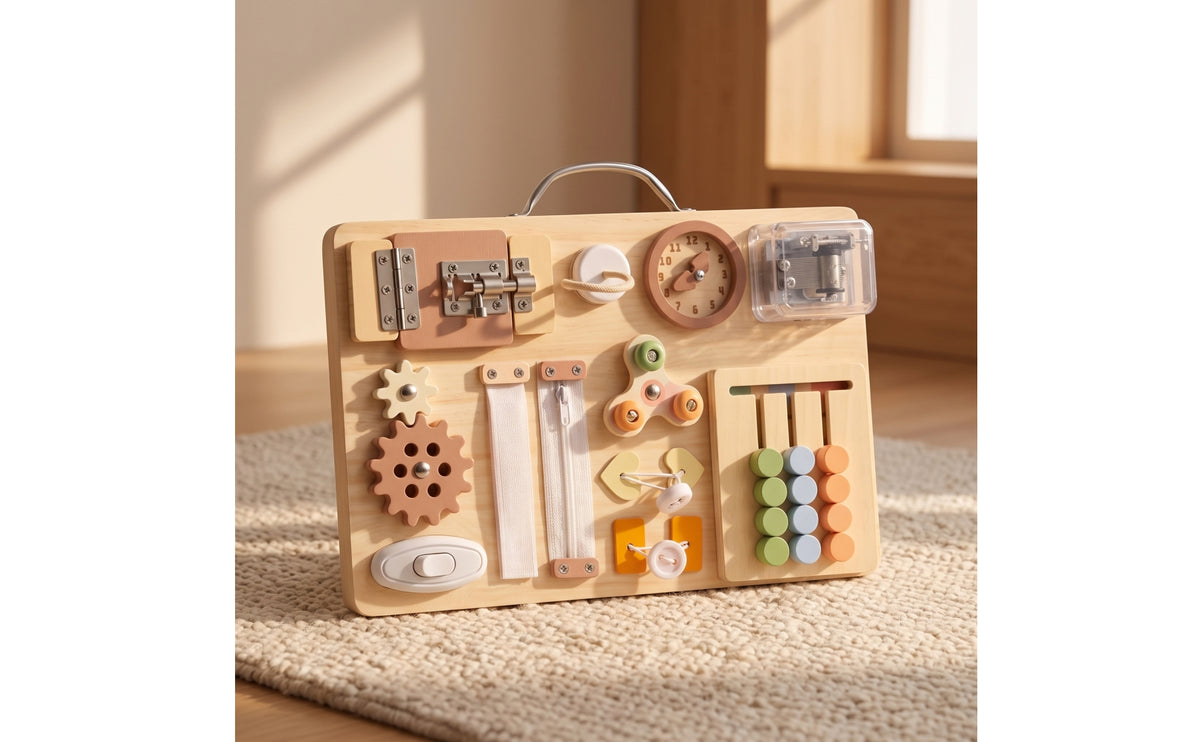 Sensory Wooden Busy Board with Handle Portable Toddler Busy Board Educational Toy Interactive for Toddlers
