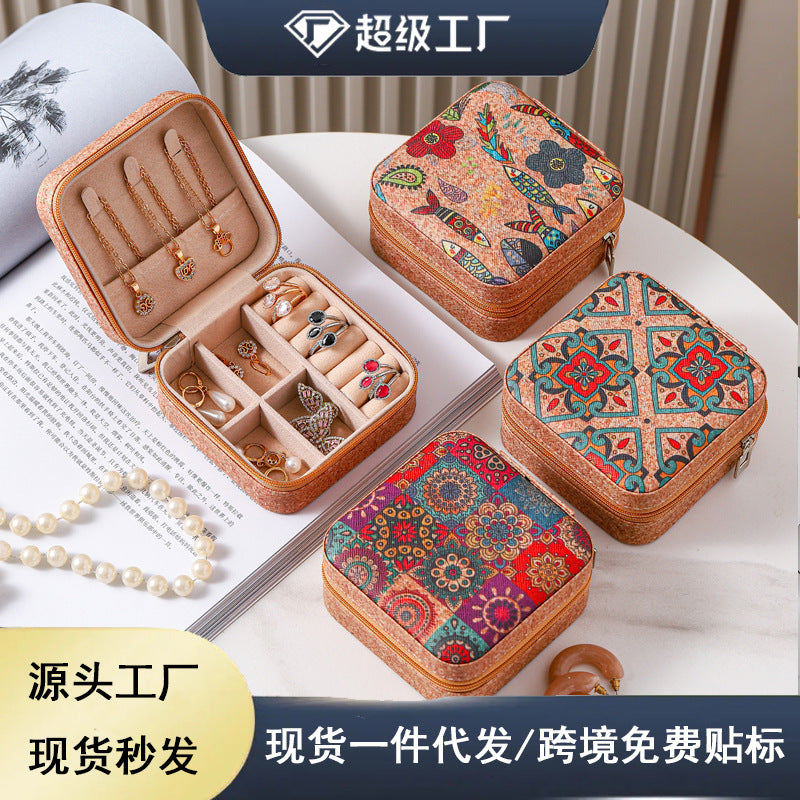 Portable Vintage Travel Jewelry Box in Leather with Small Size