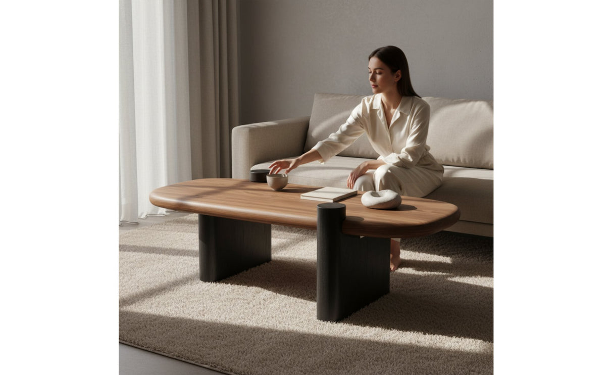2 Pieces Organic Shape Wabi-Sabi Design Coffee Table Space-Saving Century-Century Modern Low Table Rounded Corners Oval Wood Coffee Tables Easy Assembly for Small Apartment Dwellers, Homestay Owners, Reception Area, Lounge