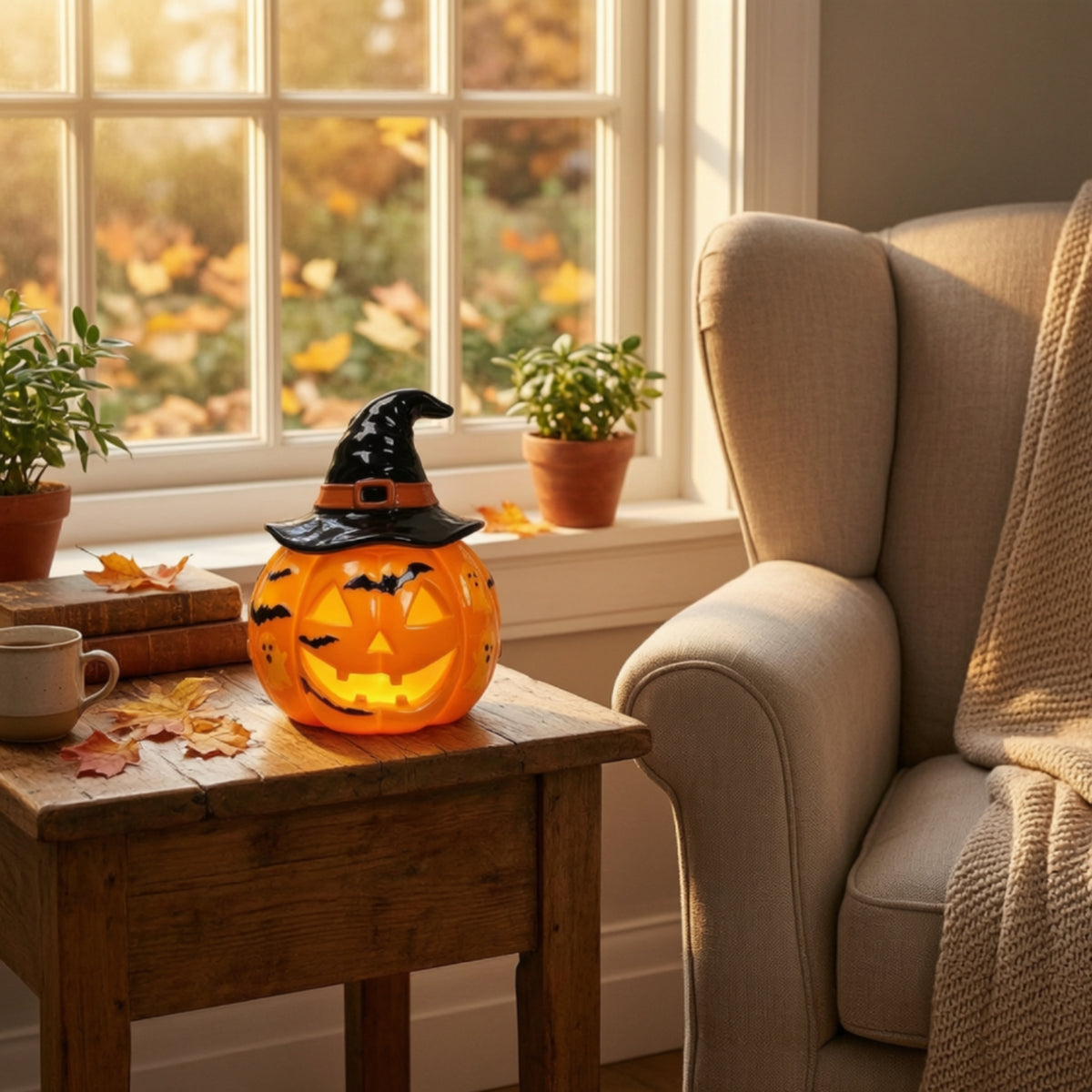 Pumpkin Lamp with Witch Hat Halloween Pumpkin Table Lamp Decorative Jack-O'-Lantern Night Light for Entryway
