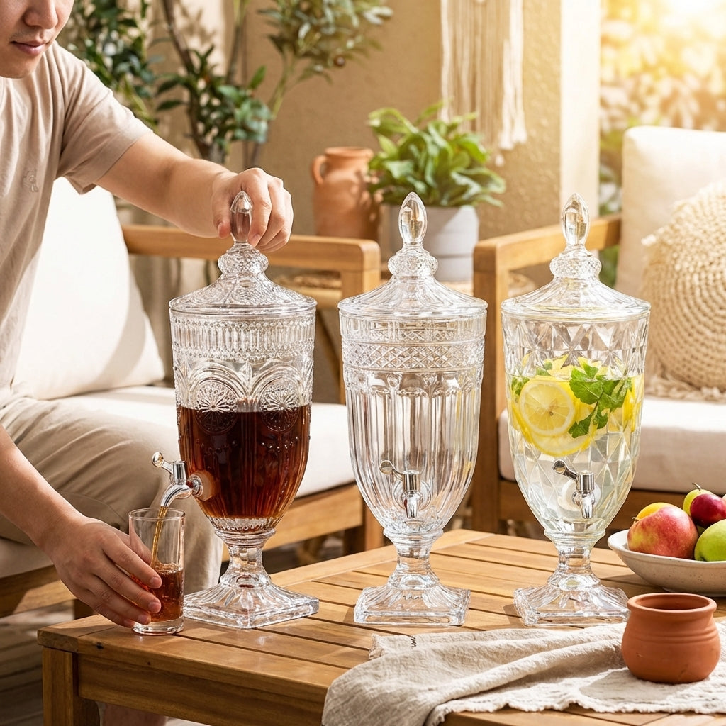 Water Dispenser and Drink Dispenser with Stand, Ornate Footed Glass Juice Dispenser, Beverage Dispenser with Lid for Party and Cold Iced Tea