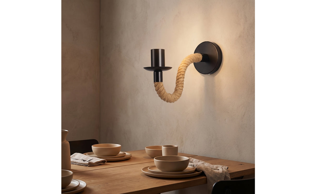 Wall Sconce with Rope Vintage Rustic Wall Light Black Metal Rope Lamp for Hallway, Cafe, Bar