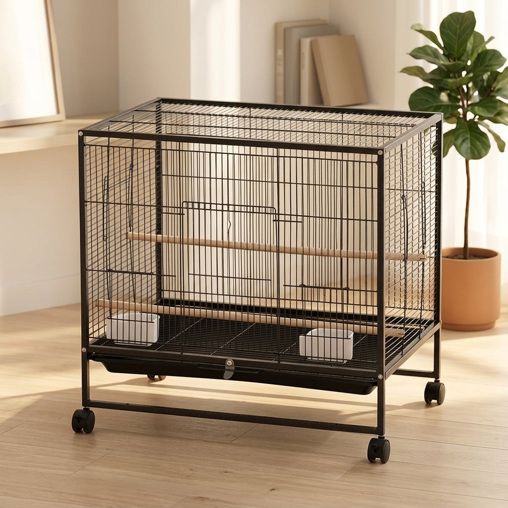 Stackable Bird Cage with Wheels, Single Level Medium Pet Bird Cage for Small Birds, Indoor Breeding Set with Multiple Doors, Black or White