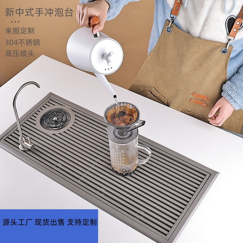 New Chinese Style Tea Shop Stainless Steel Tea Tray with Cup Washer and Drain