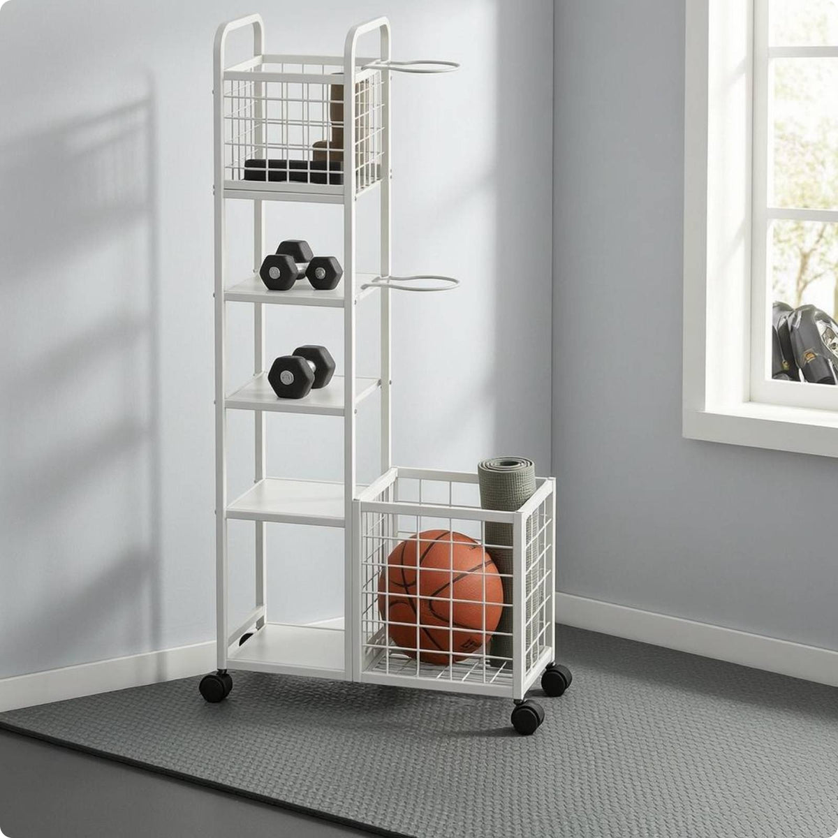 Carbon Steel Sports Equipment Rack Caster Wheels Wire Basket Rack Round Push Handles Shelving Cart Rectangular Frame