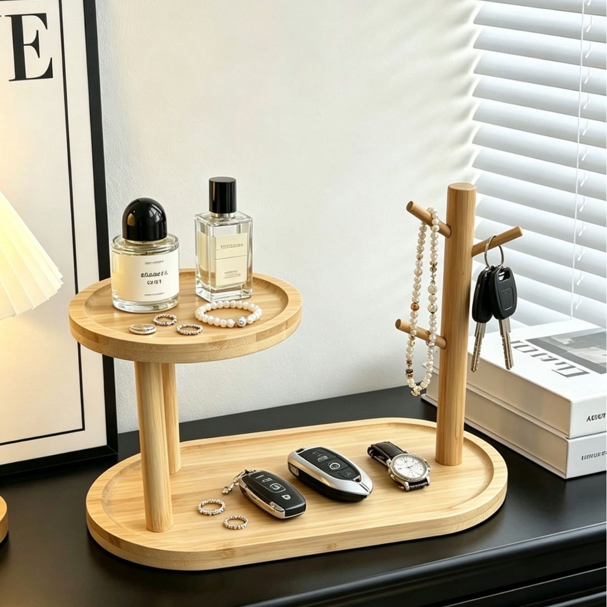 Bamboo Entryway Key Storage Organizer, Living Room Shoe Cabinet Shelf, Wall Hook, Wooden Jewelry Tray
