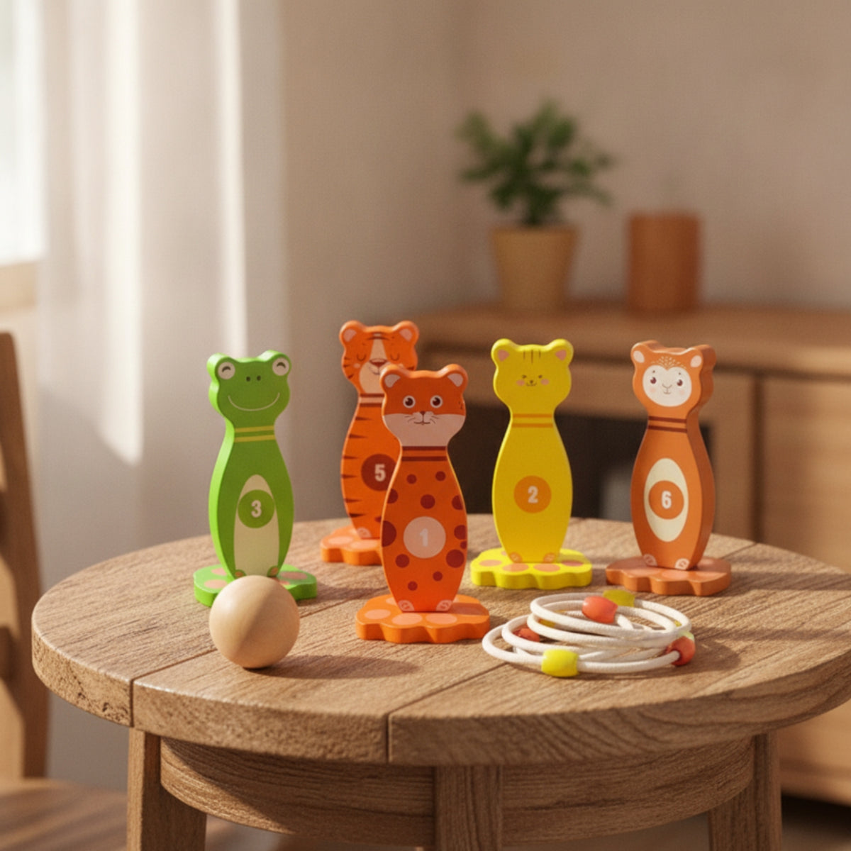 Heavy Animal Bowling Game Solid Wood Hoop Toss Set with Pins Educational Wooden Bowling Set Coordination for Children, Toddlers, Preschoolers, Playroom, Home, Nursery