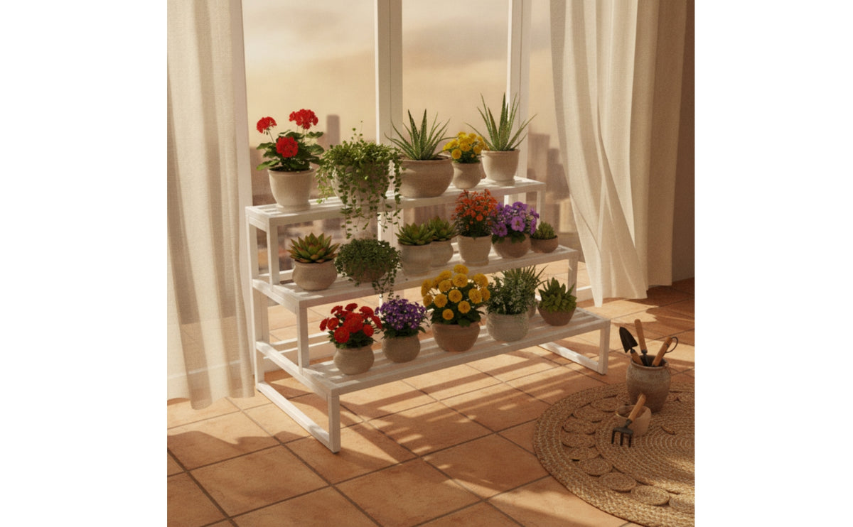 Floor-Standing 3-Tier Plant Stand Slatted 3 Tier Plant Stand Decorative Shelving Unit Space-Saving for Gardeners, Balcony, Patio, Living Room, Corner