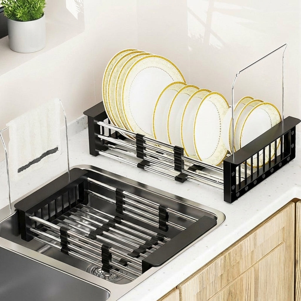 Extendable Drain Rack and Stainless Steel Dish Rack, Kitchen Sink Drainer with Built-in Cutlery Basket, Rectangular Extendable Drain Basket