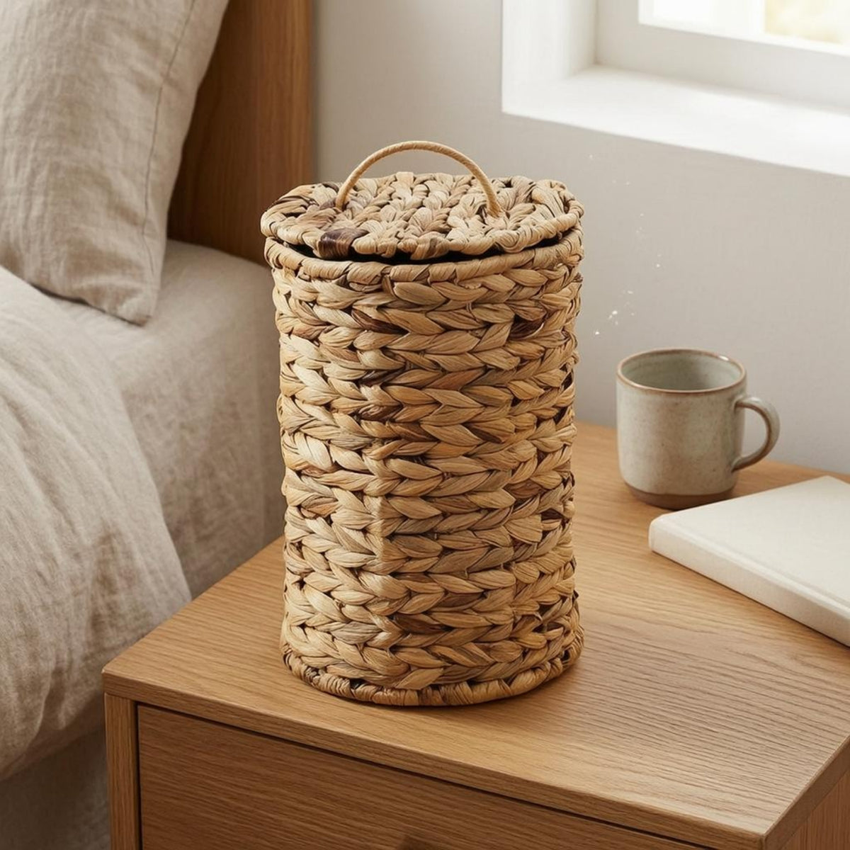 Waste Basket Loop Handle Lidded Waste Basket Compact Size Woven Trash Bin