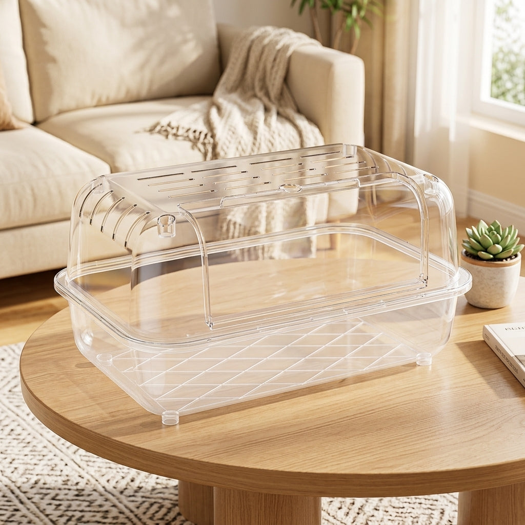 Acrylic Hamster Cage with Wood Accents, Single Level Transparent Indoor Pet Cage, 8cm Deep Base for Syrian Hamsters, Modern Oval Viewing Space
