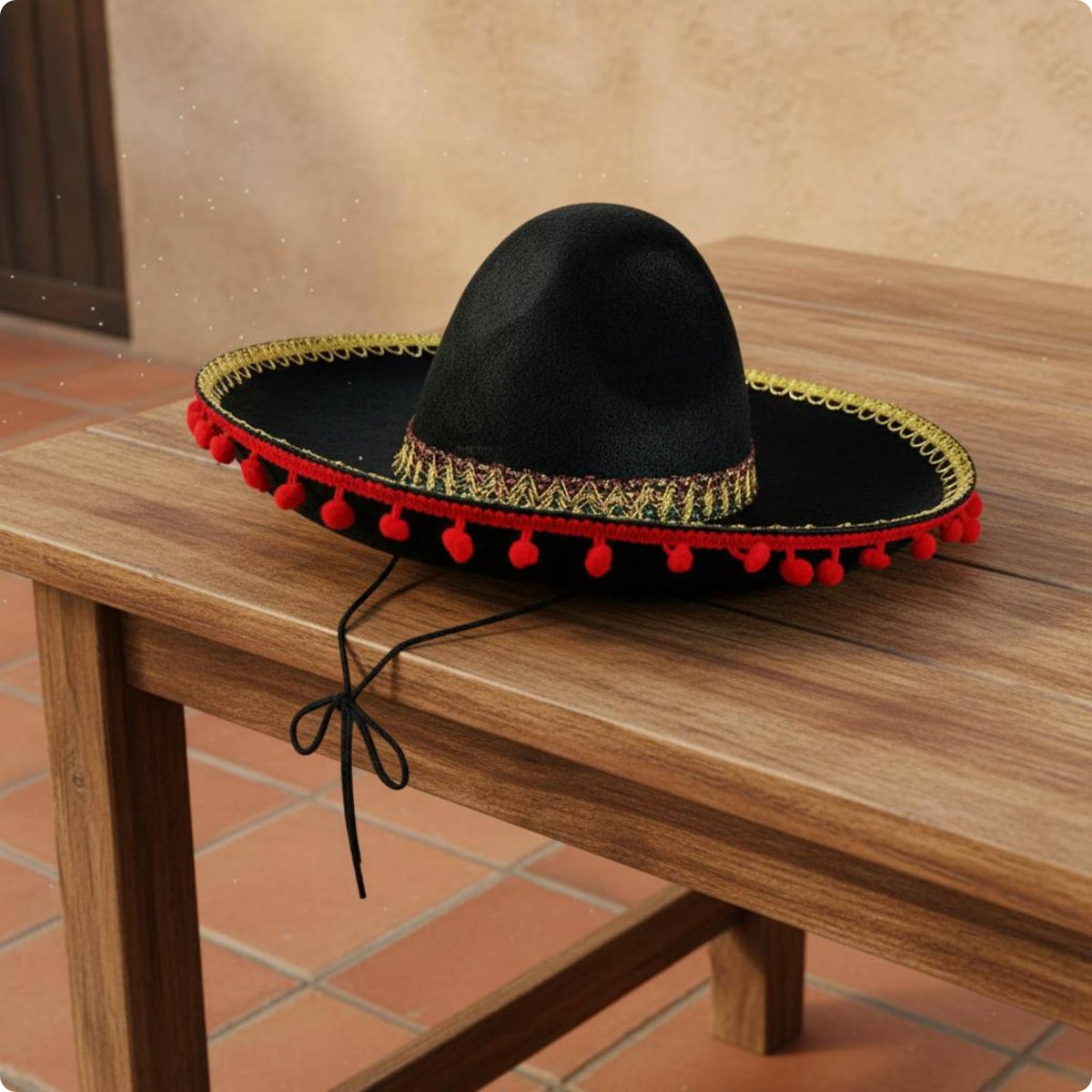 Mexican Felt Sombrero Decorative Balls Gold Trim Costume Hat Lightweight Fiesta Celebration Hat for Partygoers, Cosplayers