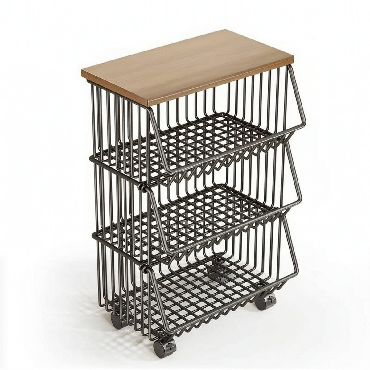 Kitchen Storage Cart with Wood Top Floor-Standing Rolling Cart with Wire Baskets Modern for Apartment
