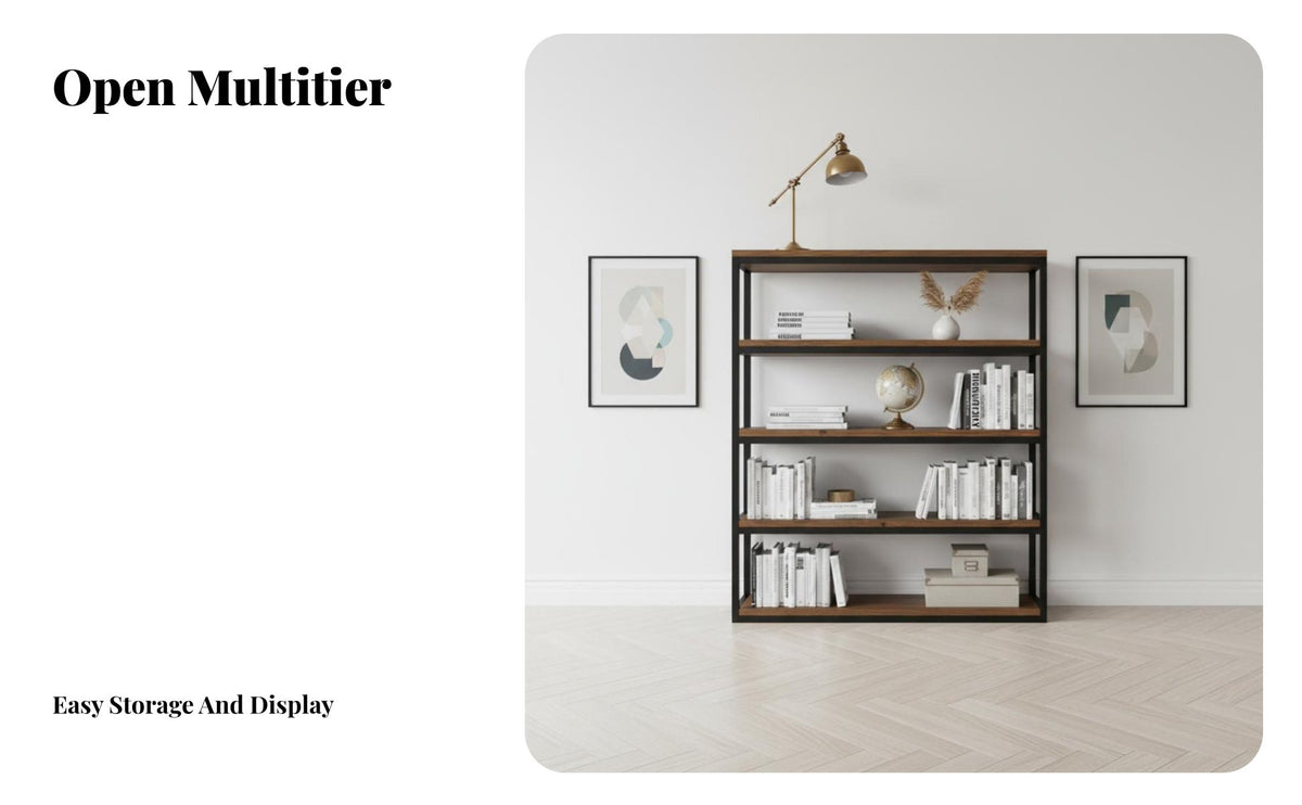 Retro Design 5-Tier Exposed Bookcase Modern Industrial Aesthetic 5-Tier Shelving Unit Multi-Purpose Display Shelf Sturdy & Long-Lasting for Shopkeepers, Office Workers, Kitchen, Living Room, Retail Shop, Bedroom