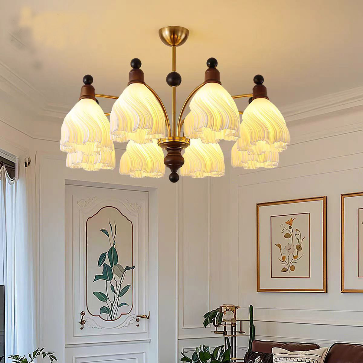 French Vintage Style Chandelier with Wood Accents for Dining Room