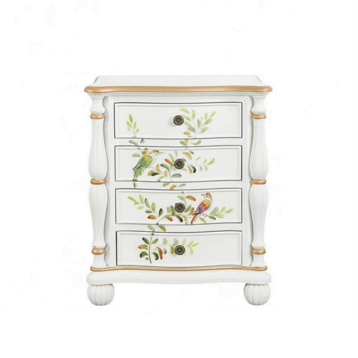 Rustic Country design Bedside Storage Cabinet Distressed Finish 4-Drawer Painted Side Table Floral Carving Nightstand Colorful Design for Homeowners, Apartment Dwellers, Interior Designers, Bedroom, Home Decor, Entryway, Small Spaces