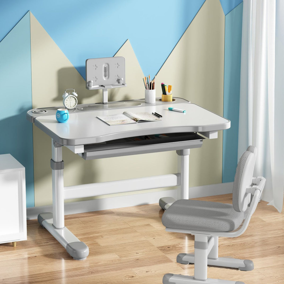 Tiltable Desktop Adjustable Kids Desk and Chair Set Rounded Edges Ergonomic Children Study Table Built-in Storage Ergonomic Kids Writing Table Split Backrest for Homeschooling