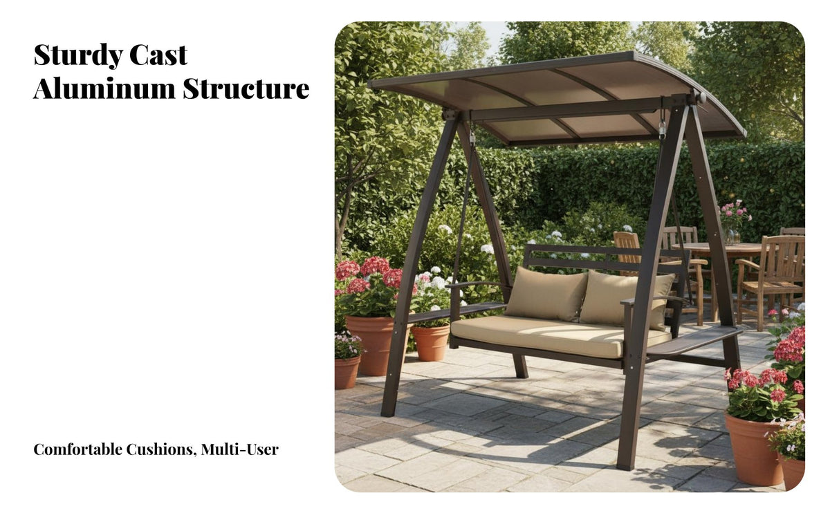 Removable Cushions Cast Aluminum Garden Swing Weather-Resistant 3-Person Garden Swing Anti-Skid Feet Outdoor Rocking Swinging Seat Heavy-Duty Steel Frame for Families, Couples, Homeowners, Balcony, Courtyard, Backyard, Poolside