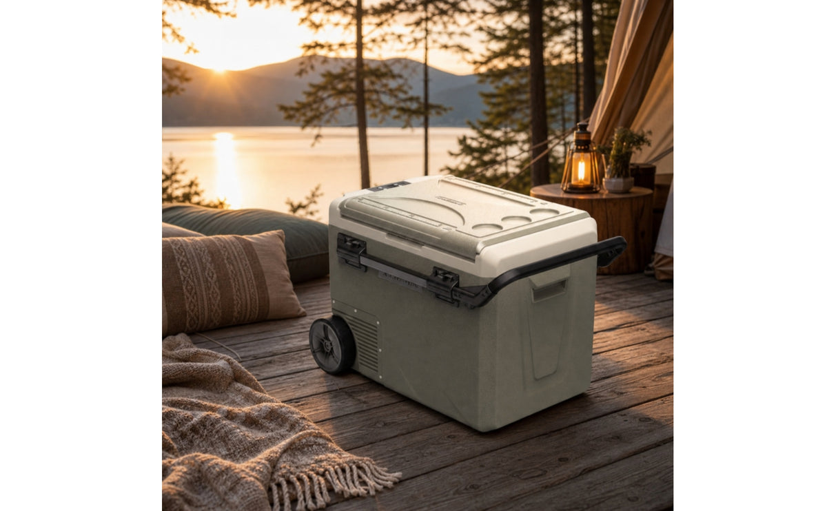 Portable Refrigerator with Wheels Dual Voltage Compressor Cooler with Pull Handle Portable Car Freezer Heavy Duty for Campers