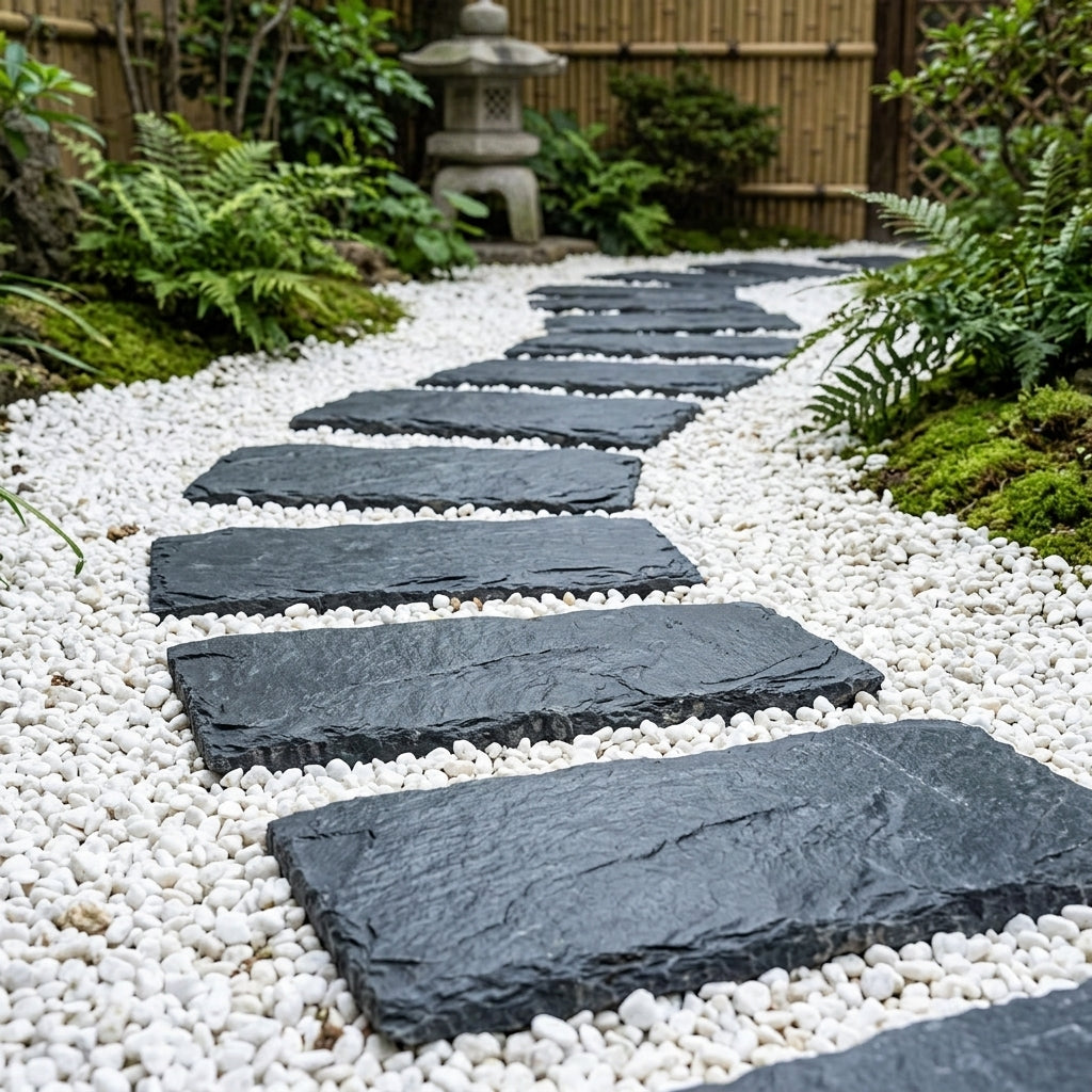 Garden Stepping Stones, Outdoor Stone Walkway Pavers, Heavy Duty Non-Slip Landscape Pathway Tiles, Terracotta-Toned Japanese Garden Stone Slab