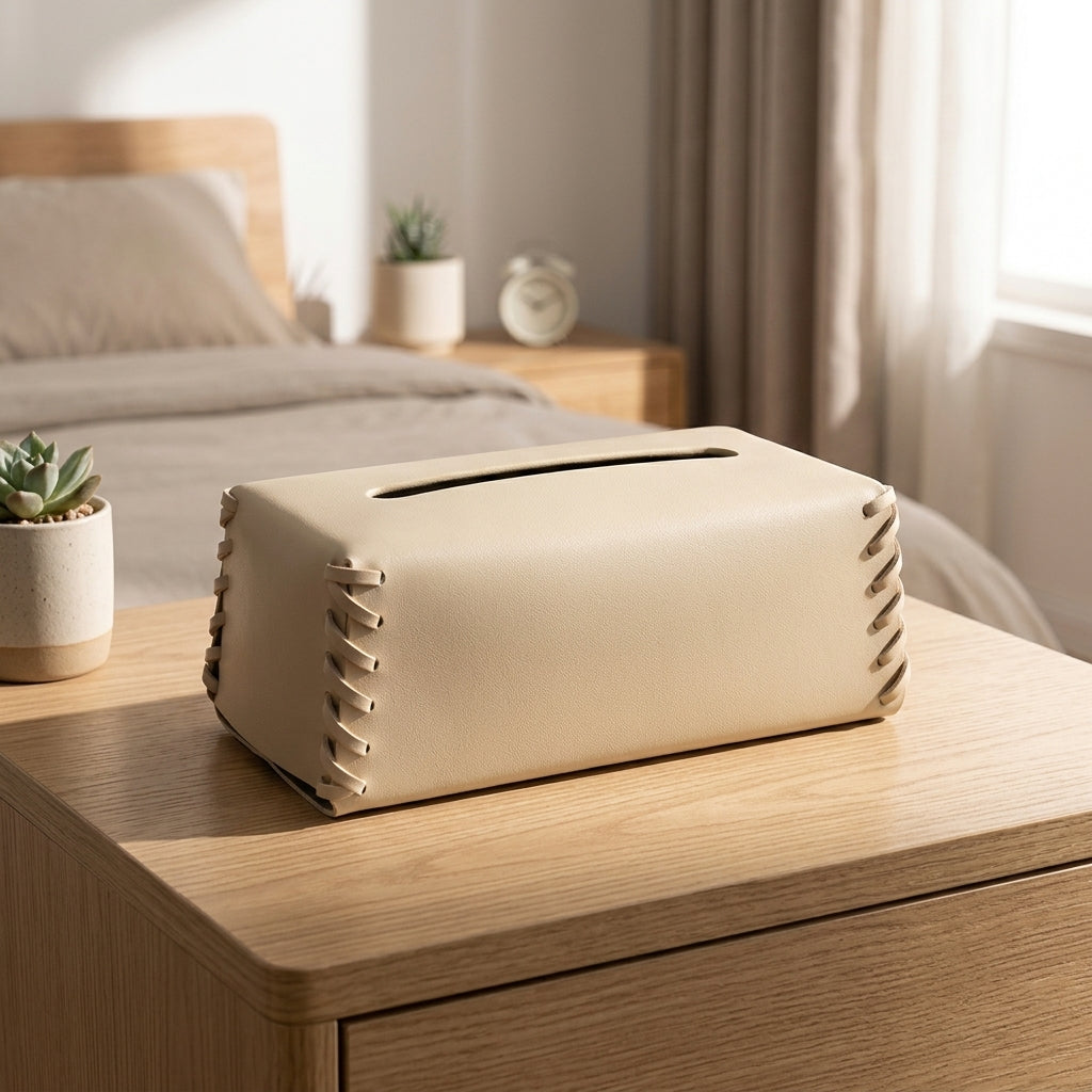Office Desk Leather Tissue Box for Home Office, Modern Minimalist Style Facial Tissue Dispenser, Decorative Stitching, Multi-purpose Car Holder