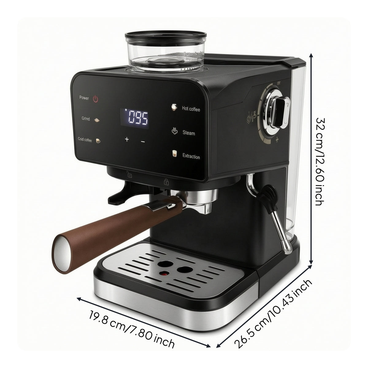 Semi-Automatic Espresso Machine with Grinder 20 Bar Espresso Machine with Bean Hopper Integrated Appliance Compact for Home Baristas, Kitchen, Office Breakroom