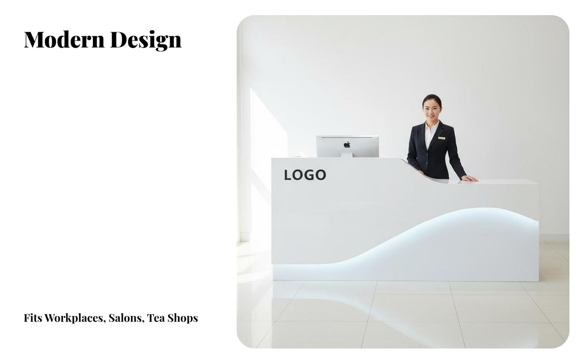 Sturdy Construction Commercial Checkout Counter Scratch Resistant Modern Reception Desk High Load-Bearing Capacity Modern Front Desk with Storage Two-Tier Design for Receptionists, Business Owners, Retail Employees, Lobby, Medical Office