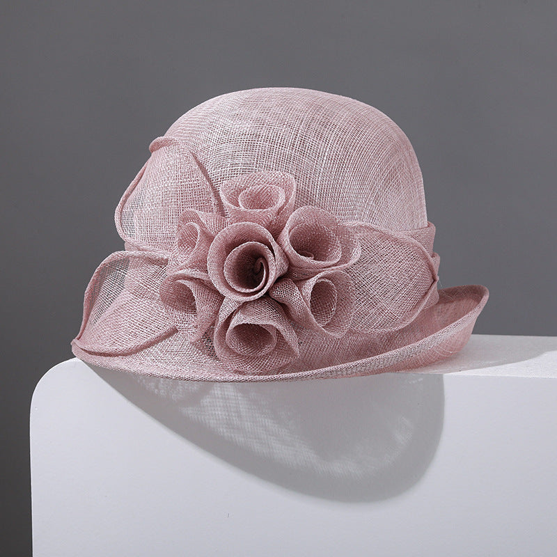British Red Linen Hat with Handmade Flowers, Elegant Summer Hat