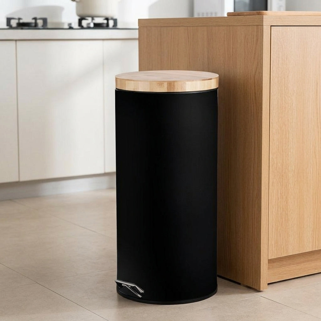 Round Trash Can Kitchen 30L, Step Trash Can with Wooden Lid, Odor-Sealed Trash Bin for Household