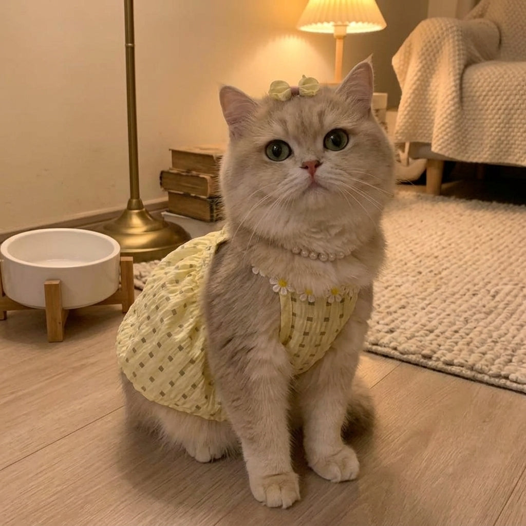 Cat Dress with Bow for Kittens, Small Cat Apparel Featuring a Ruffled Textured Material