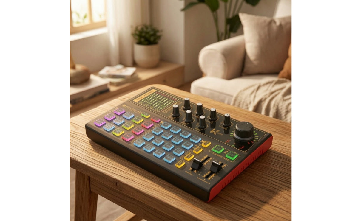 Compact Livebroadcasting Sound Card Adjustable Audio Mixer with Bluetooth LED Lights Portable for Streamers, Creators, Vocalists, Home Studio, Karaoke