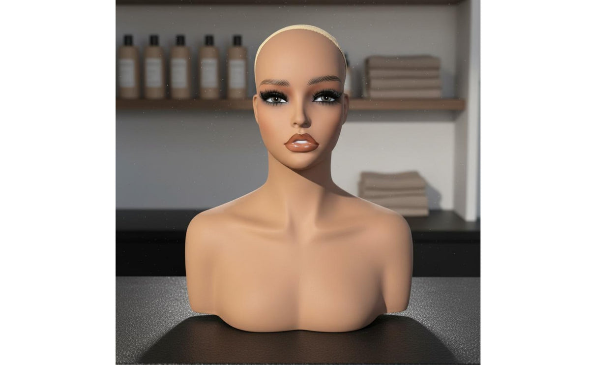 PVC Hairpiece Head with Shoulders Hairpiece Display Head Realistic Face Shape for Photo Photography