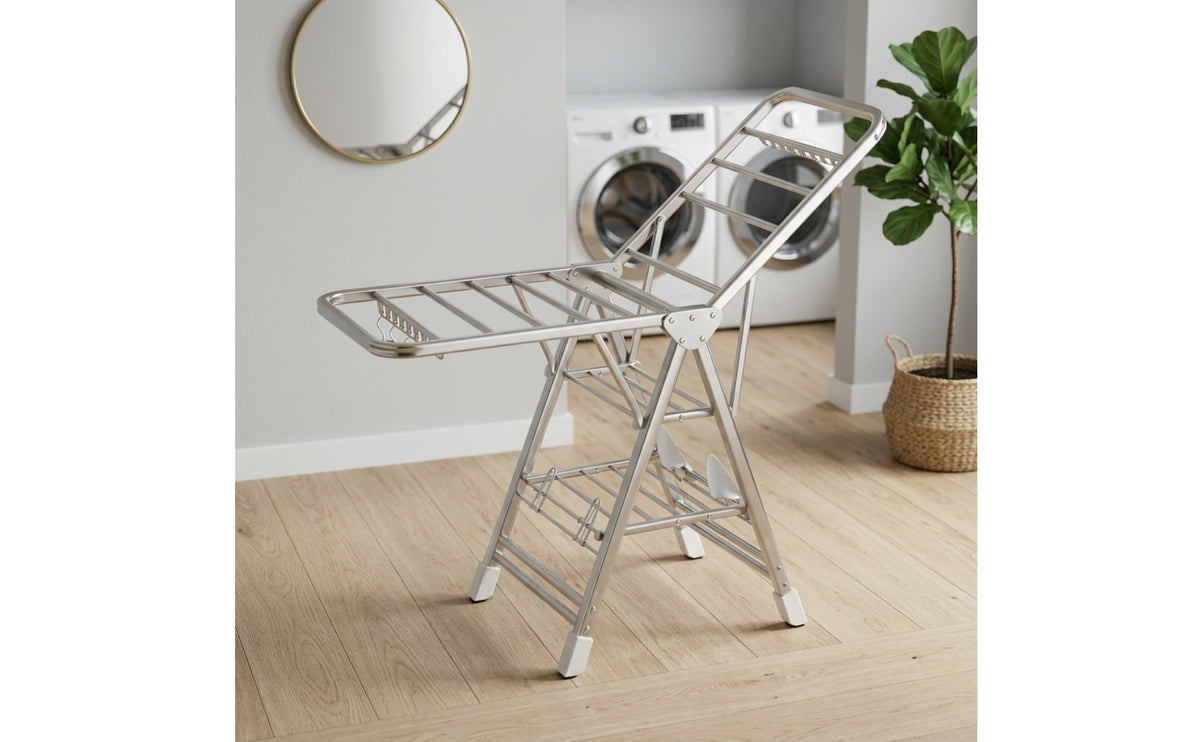 Stainless Steel Clothes Drying Rack with Wheels Three-Tier Clothes Drying Rack Foldable Wheeled for Laundry Room, Balcony, Apartment