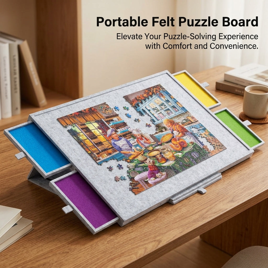 Portable Puzzle Table Board with Felt Material Surface for Kids and Family Games, Foldable Travel Mat Organizer with Sorting Trays