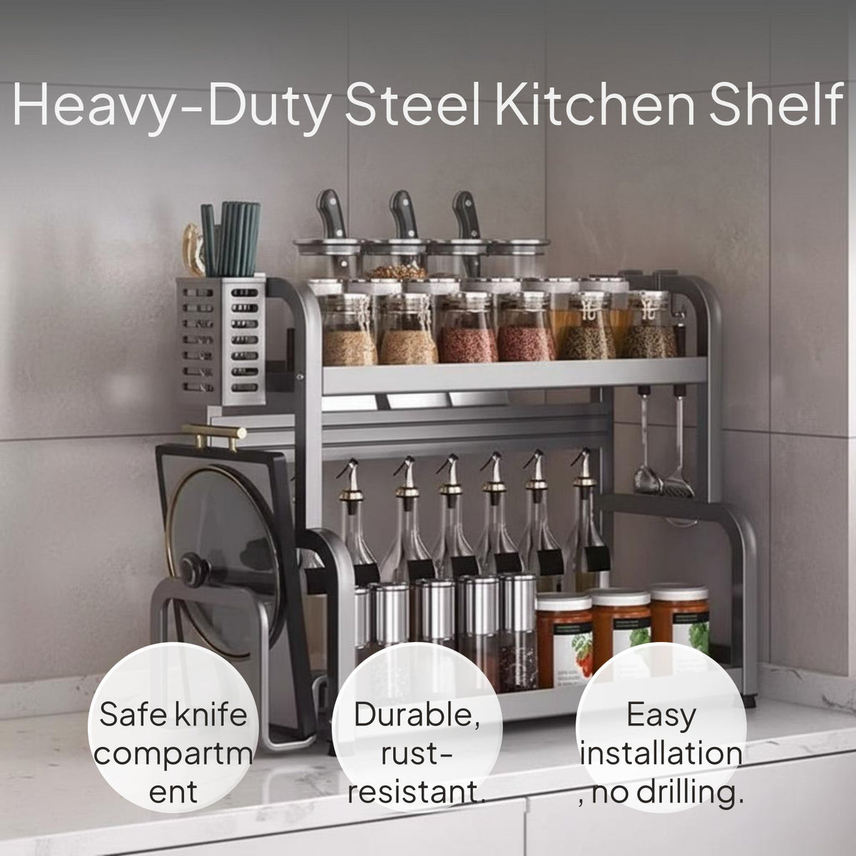 2-Tier Kitchen Organizer with Knife Holder, Nordic Style