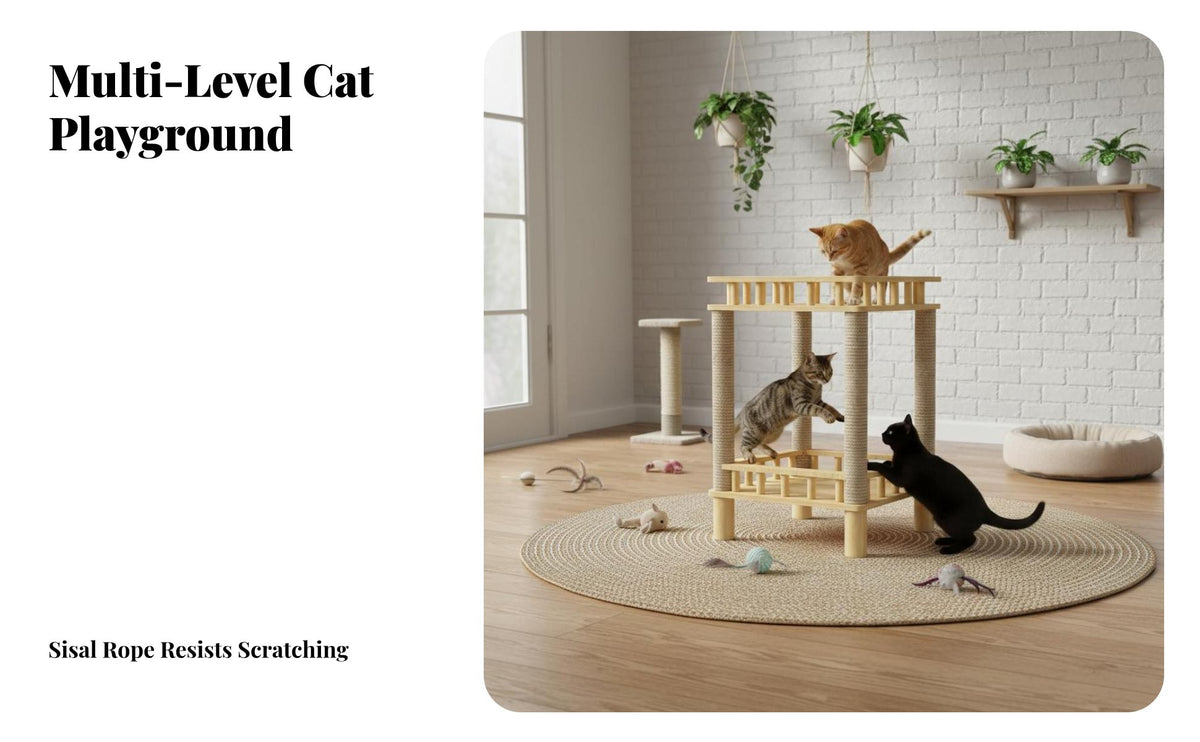 Space-Saving Solid Wood Cat Tree Sturdy Design Multi-Level Cat Tree Scratch-Resistant Sisal Rope Pet Furniture Easy Assembly for Indoor Cats, Kittens, Apartment Dwellers, Small Areas, Indoors, Living Room, Bedroom
