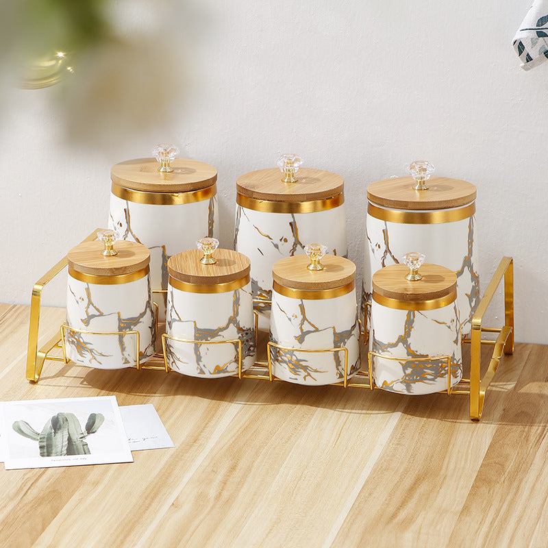 Nordic Light Luxury Spice Jar Set with Bamboo Lids and Rack, Ceramic, 3-Tier, Round, 3.1-4L