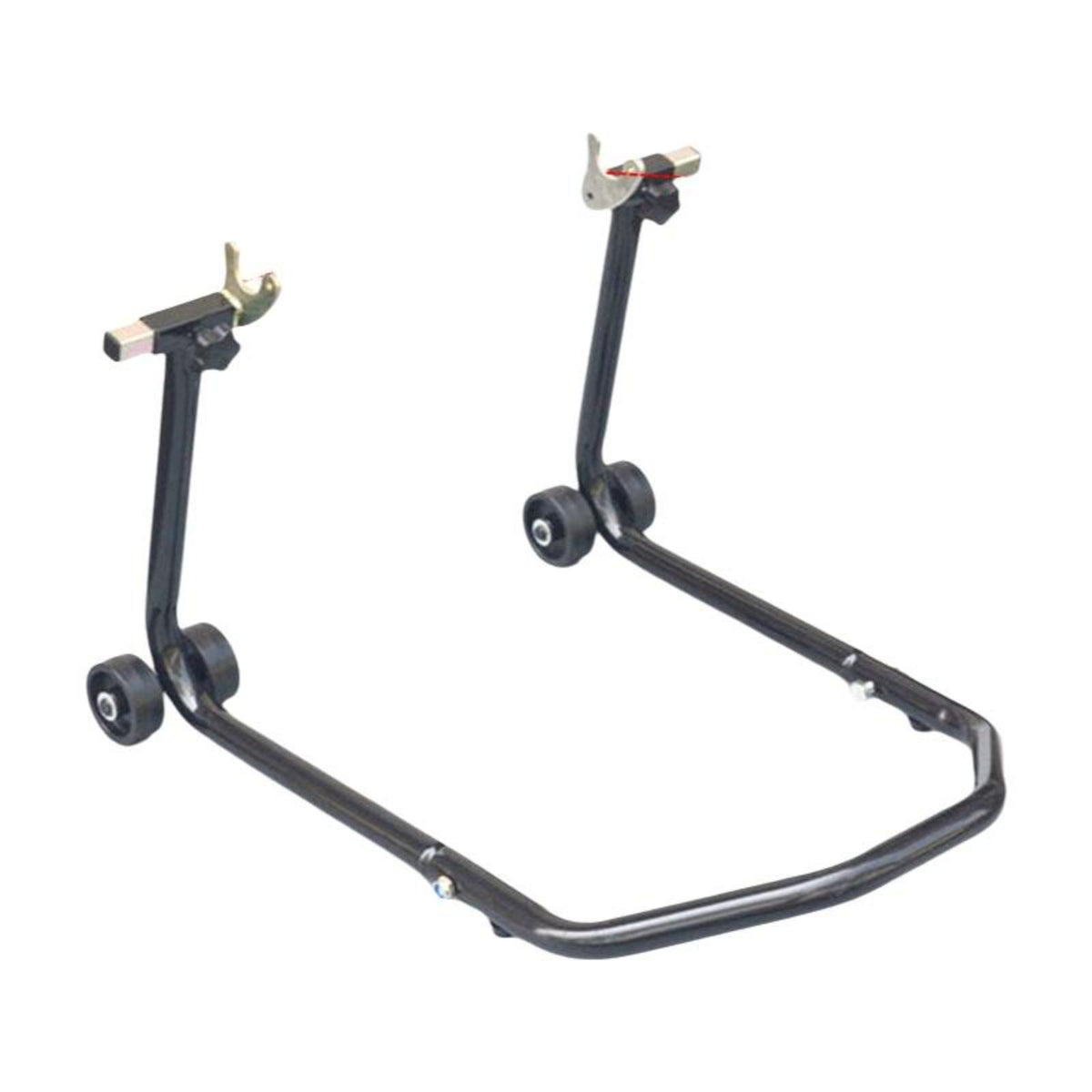 Steel stand lifts motorcycle wheels.