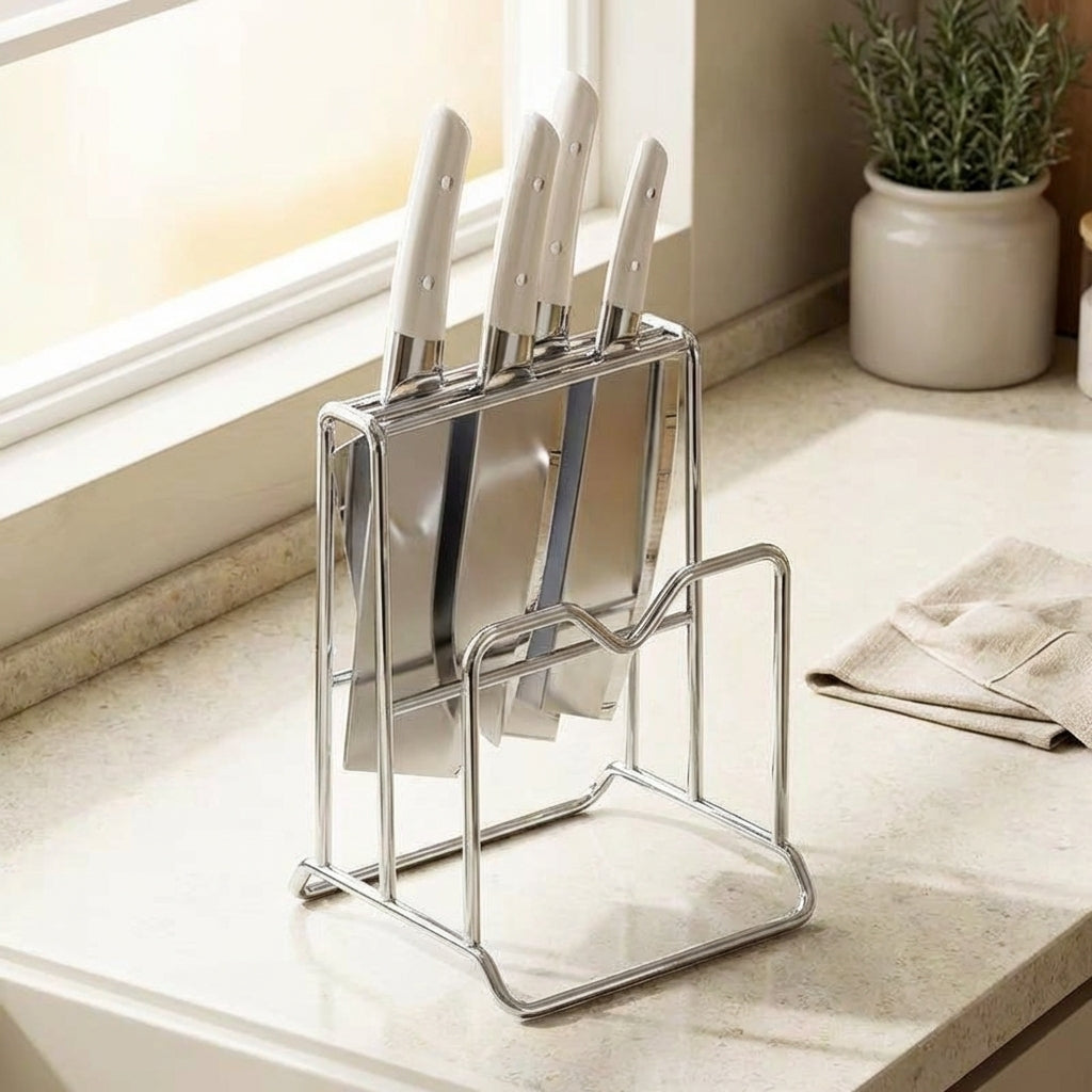 Stainless Steel Knife Holder + Draining Tray with 2-Slot Cutting Board Holder and Pot Lid Organiser, U-Shaped Space Saving Kitchen Sink Organiser