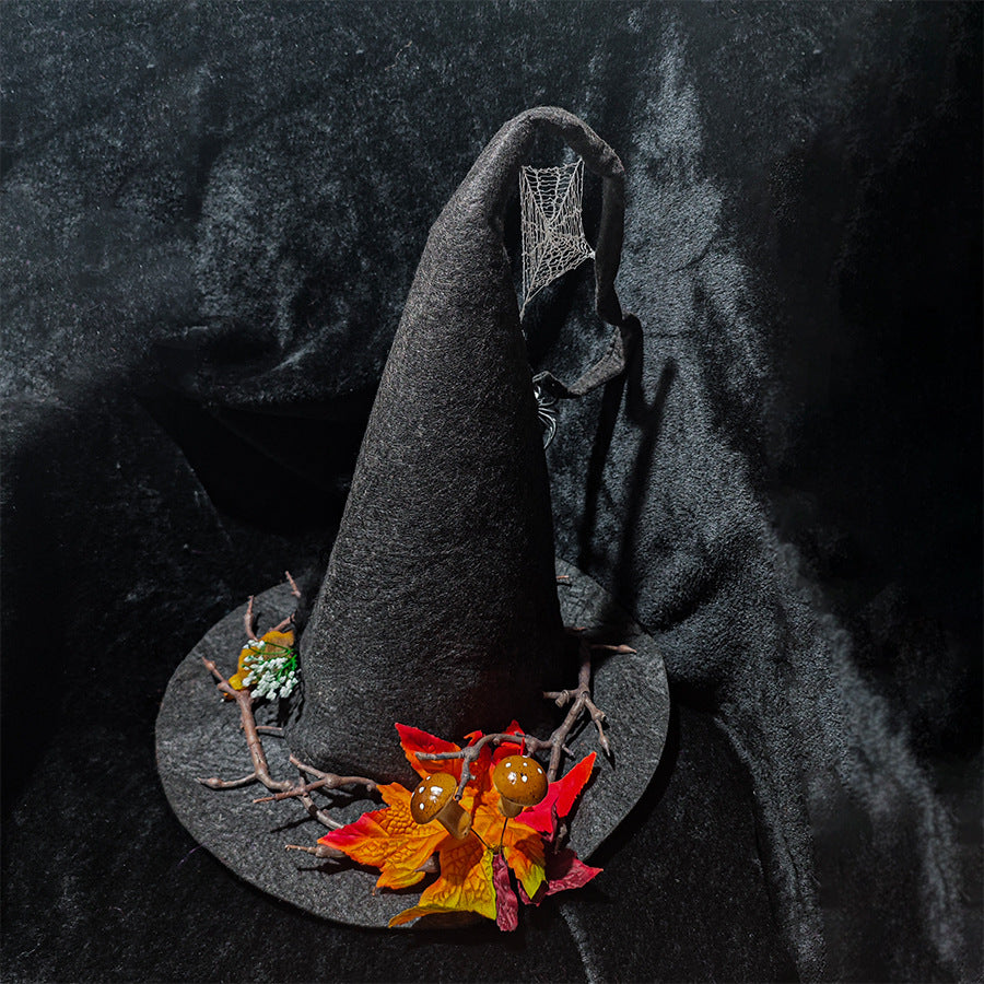 Wool Witch Hat with Maple Leaf and Spider Web Decorations for Halloween