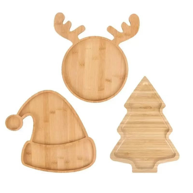 Simple Wooden Tray with Cartoon Christmas Tree Design, Beech Snack Plate