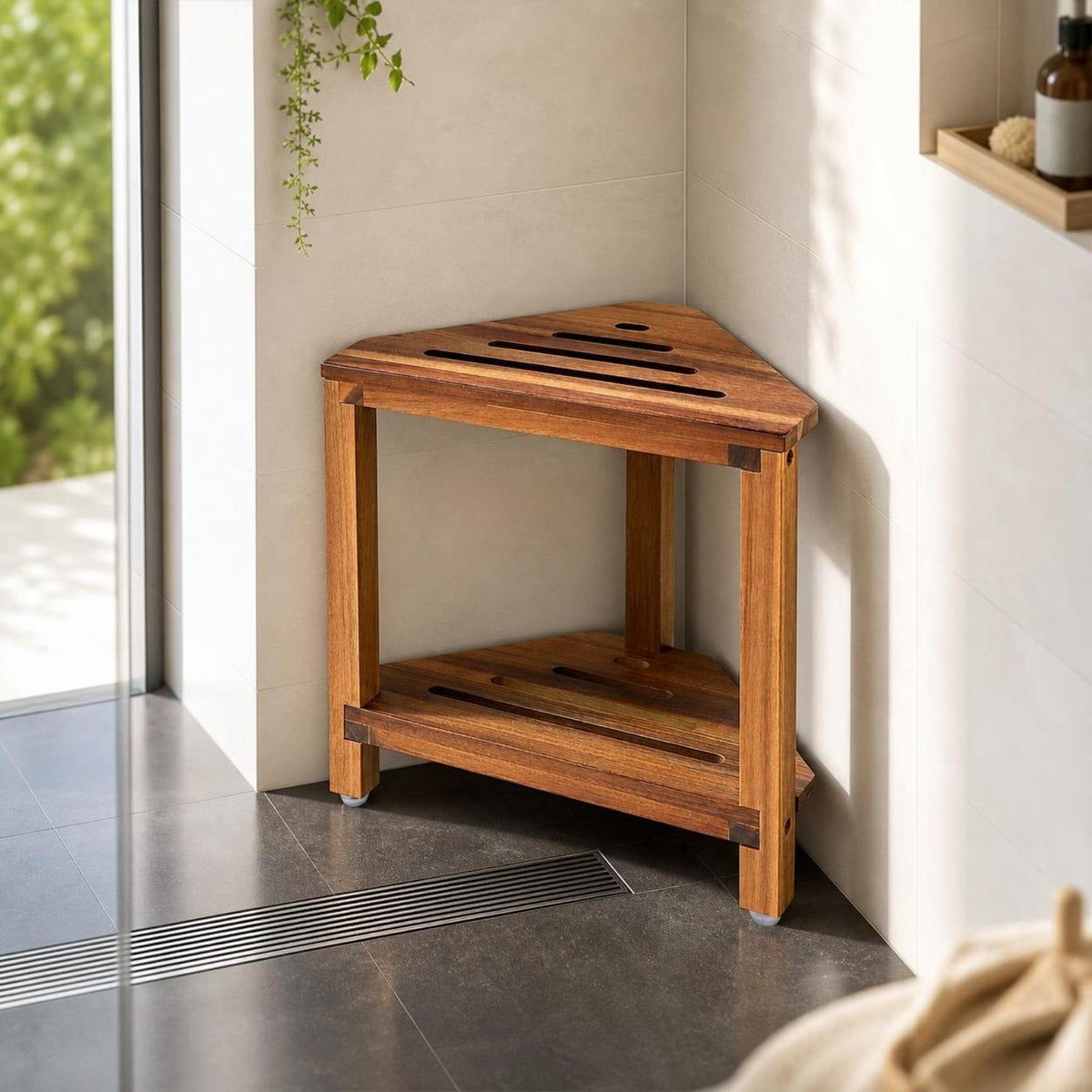 Water-Resistant Shower Stool with Shelf Non-Slip Bathroom Stool Triangular Bathroom Shelf Slatted
