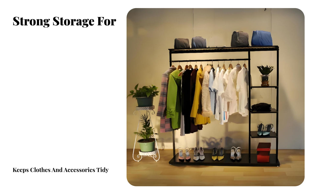 Easy to Assemble Freestanding Rack with Shelves Space-Saving Freestanding Closet System Minimalist Design Garment Stand Heavy-Duty Construction for Apartment Dwellers, Students, Homeowners, Living Room, Entryway, Retail Retail Outlet