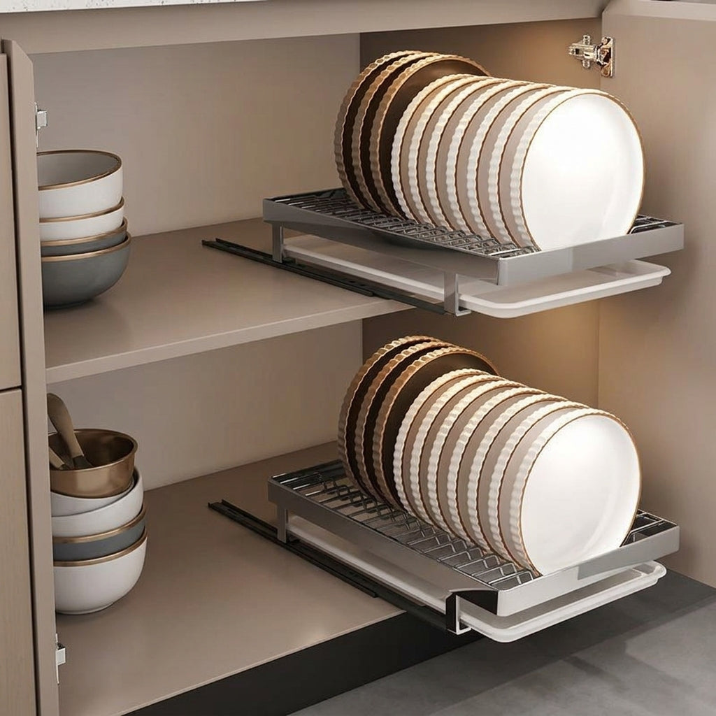Dish Rack Set with Pull-Out Rack, Carbon Steel Drawer Organizer for Kitchen Cabinet, Space Saving Built-in Track and No Drill Drainage Design