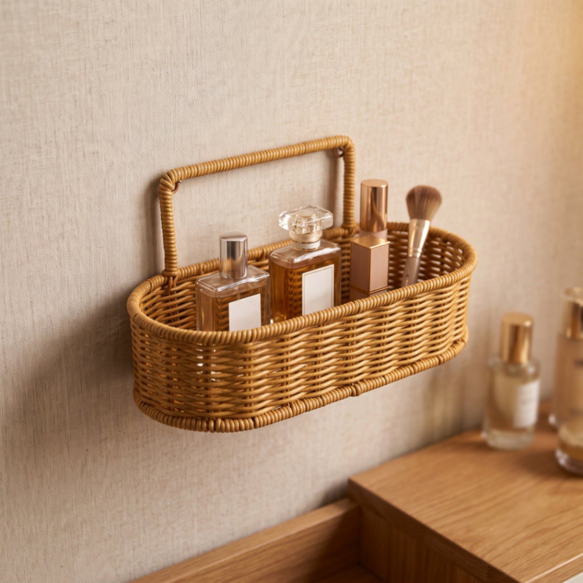 Compact Hanging Basket with Handle Oval Wall-Mounted Wicker Basket Decorative Woven Rattan Organizer Rustic for Bathroom, Kitchen, Vanity