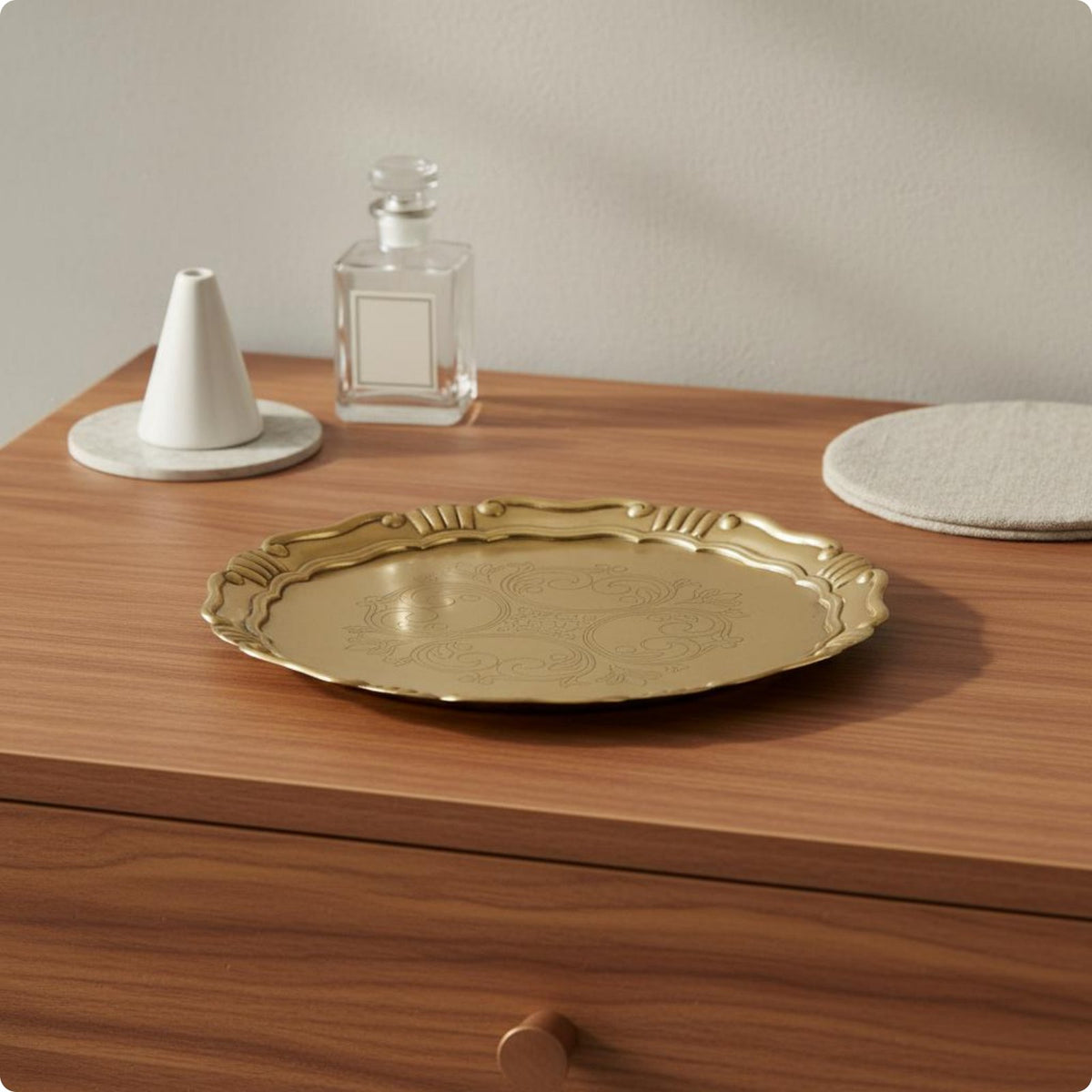 3 Pieces Ornate Brass Tray Handmade Embossed Decorative Plate for Tabletop