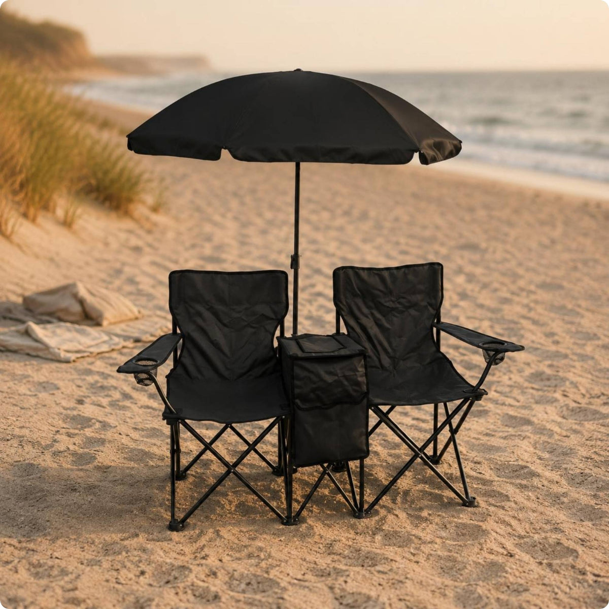 Double Folding Camping Chair Sun Shade Double Chair with Chilled Bag Foldable