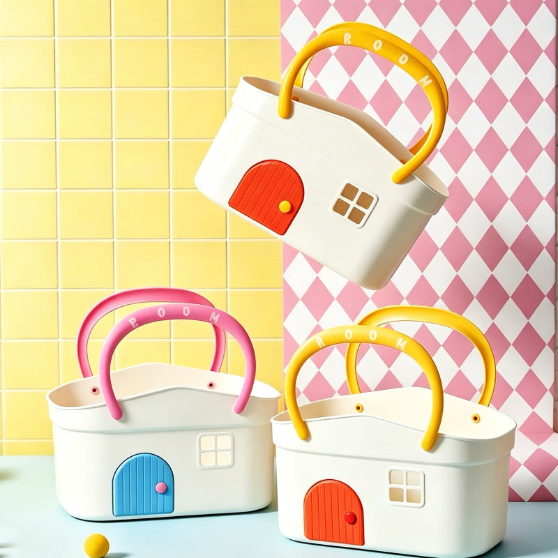 Plastic Bathroom Organizer Basket with Handle, Drainage Holes, Cartoon Style